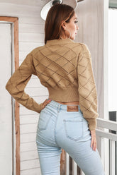 Openwork Plaid Round Neck Cropped Sweater OutfitFlow